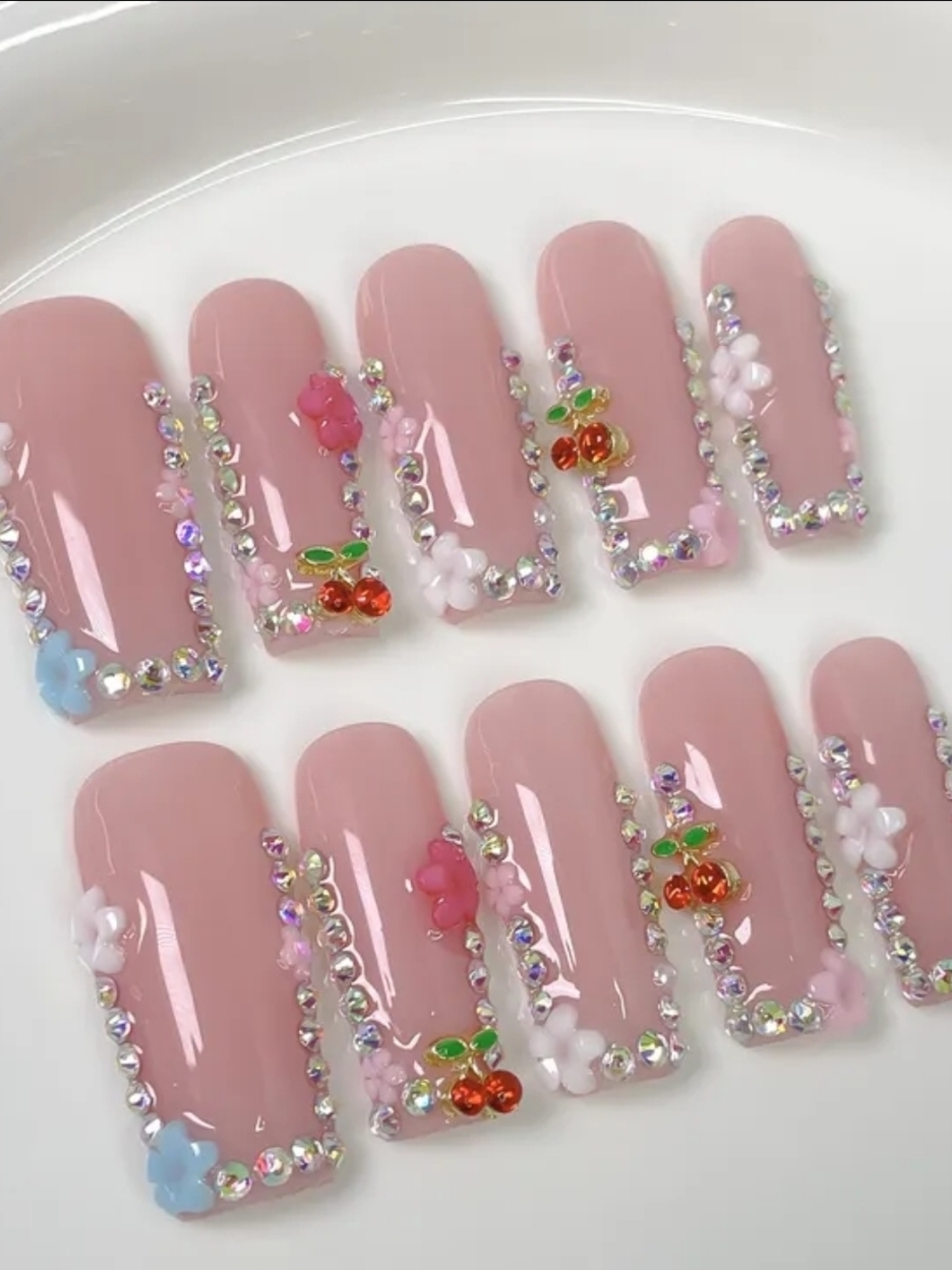 Cherry Blossom Glam Pink Press-On Nails | Rhinestone 3D Floral Nail Set